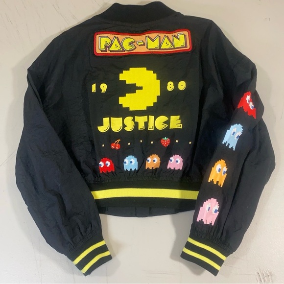 Justice Black and Yellow Nylon Jacket with Pac-Man Graphic Embroidered - Picture 2 of 10